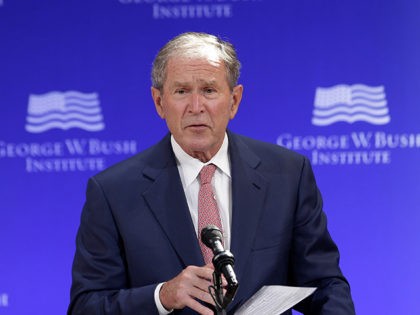 Former U.S. President George W. Bush speaks at a forum sponsored by the George W. Bush Institute in New York, Thursday, Oct. 19, 2017. (AP Photo/Seth Wenig)