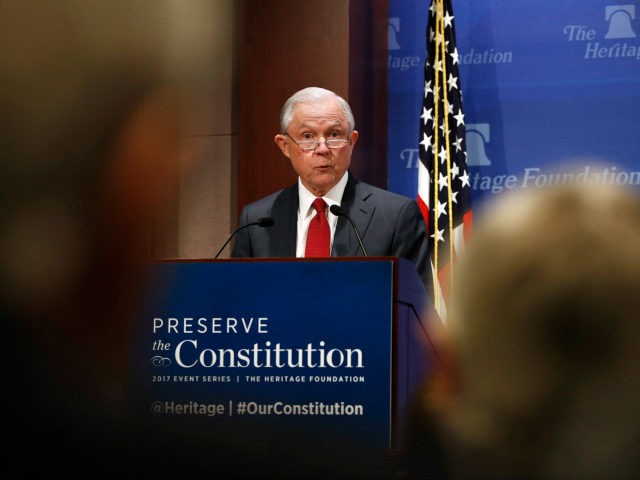 Attorney General Jeff Sessions speaks at the Heritage Foundation, Thursday, Oct. 26, 2017, in Washington. (AP Photo/Jacquelyn Martin)