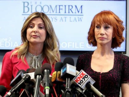 Kathy Griffin (R) and her attorney Lisa Bloom speak during a press conference at The Bloom Firm on June 2, 2017 in Woodland Hills, California. Griffin is holding the press conference after a controversial photoshoot where she was holding a bloodied mask depicting President Donald Trump and to address alleged …