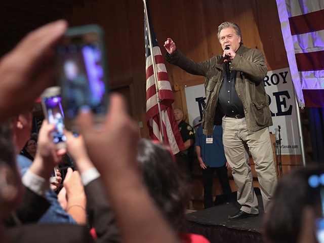 FAIRHOPE, AL - SEPTEMBER 25: Former advisor to President Donald Trump and executive chairman of Breitbart News, Steve Bannon, speaks at a campaign event for Republican candidate for the U.S. Senate in Alabama Roy Moore on September 25, 2017 in Fairhope, Alabama. Moore is running in a primary runoff election …