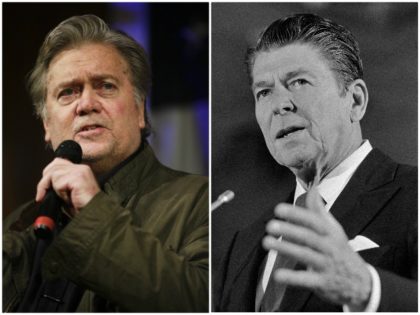 Bannon-Reagan-1-AP: Bannon: Former White House strategist Steve Bannon speaks at a rally f