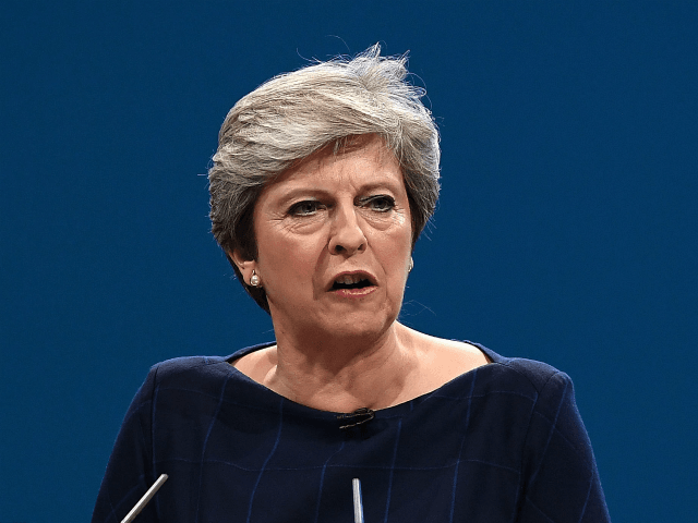 MANCHESTER, ENGLAND - OCTOBER 04: British Prime Minister Theresa May delivers her keynote