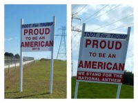 Toot-for-Trump-national-anthem-sign-collage-facebook Elaine Simmons, a Florida woman who pitched a sign supporting President Trump on her property for more than a year, said the county ordered her to remove her sign after she added a phrase stating that she supports the national anthem.