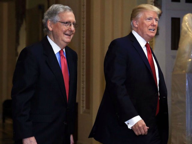 President Donald Trump and Senate Majority Leader Mitch McConnell of Ky., walk at the U.S.