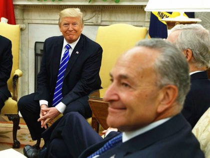 In this Sept. 6, 2017 photo, President Donald Trump and Senate Minority Leader Chuck Schumer, D-N.Y., during a meeting with other Congressional leaders in the Oval Office of the White House in Washington. Trump's deal with Democrats has offered a glimpse of the president’s interest in governing as an independent, …