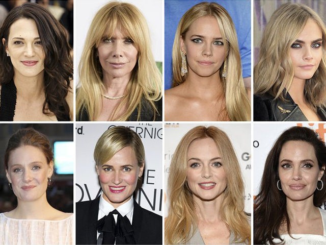 This combination photo shows actresses listed in alphabetical order, top row from left, Asia Argento, Rosanna Arquette, Jessica Barth, Cara Delevingne, Romola Garai, Judith Godreche, Heather Graham, Angelina Jolie, Ashley Judd, Rose McGowan, Lea Seydoux and Mira Sorvino, who have made allegations against producer Harvey Weinstein. (AP Photo/File)