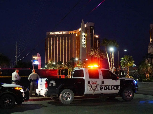 LAS VEGAS, NV - OCTOBER 08: Las Vegas Metropolitan Police near the scene of the recent Las Vegas mass shooting on October 8, 2017, in Vas Vegas, NV. The mass shooting killed 59 people and injured more than 500 at the Route 91 Harvest Festival near Mandalay Bay on October …