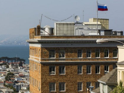 SAN FRANCISCO, USA - AUGUST 31 : A Russian flag waves on top of Consulate General Of The R