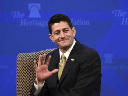House Speaker Paul Ryan of Wis., waves to a person in the audience as he is introduced to speak at the Heritage Foundation in Washington, Thursday, Oct. 12, 2017. (AP Photo/Susan Walsh)