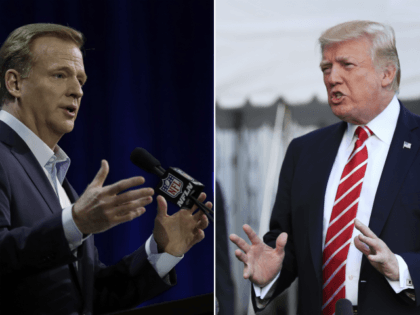 At left, in a Feb. 1, 2017, file photo, NFL Commissioner Roger Goodell answers questions during a news conference for the Super Bowl 51 football game, in Houston. At right, in an Oct. 7, 2017, file photo, President Donald Trump speaks to reporters at the White House in Washington. NFL …