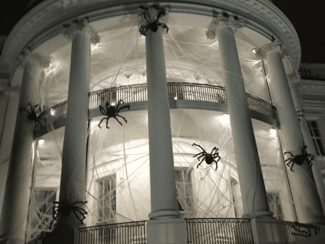 At the White House, where the south portico has decorative spiders and webs for Halloween.