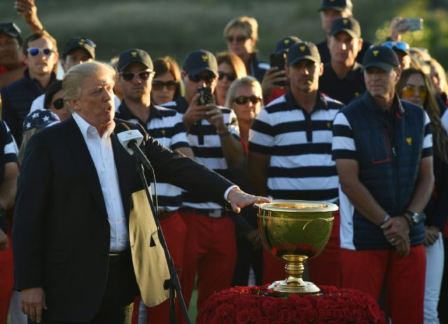 US President Donald Trump speaks during the trophy presentation of the Presidents Cup golf