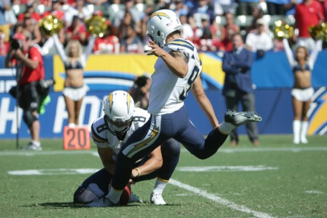 Kicker Younghoe Koo (C), went 3-of-6 for the Chargers, twice failing to split the uprights