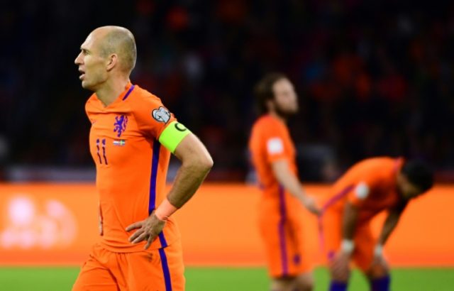 The Netherlands' Arjen Robben reacts during their FIFA 2018 World Cup qualifier match agai