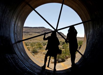 A 2016 picture shows a tube in the Nevada desert used in the propulsion system of Hyperloop One, which is to be renamed Virgin Hyperloop One following an investment by billionaire Richard Branson's Virgin Group