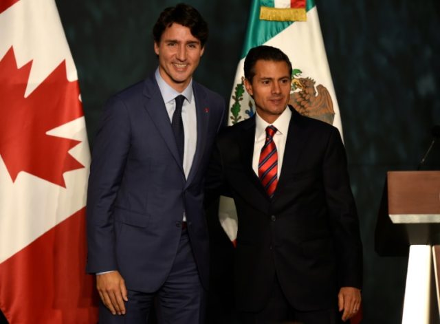 Canada's Prime Minister Justin Trudeau (L) and Mexican President Enrique Pena Nieto pose f
