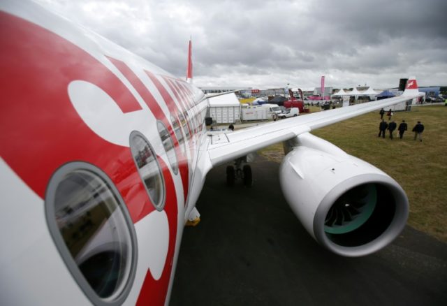 The Bombardier CS100 passenger jet is pictured on the opening day of the Farnborough Airsh