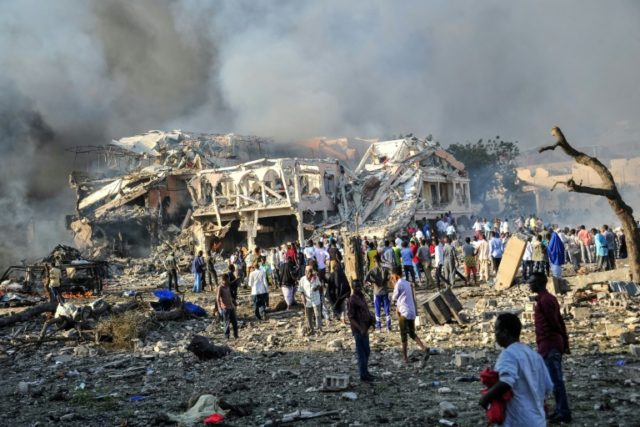 The site of the truck bomb explosion that killed 276 in Somalia's capital Mogadishu on Sat