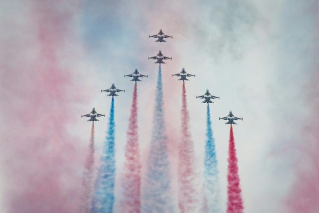 Members of South Korea's 'Black Eagle' aerobatics team perform a display at the Seoul International Aerospace and Defense Exhibition, held as tensions rise on the peninsula