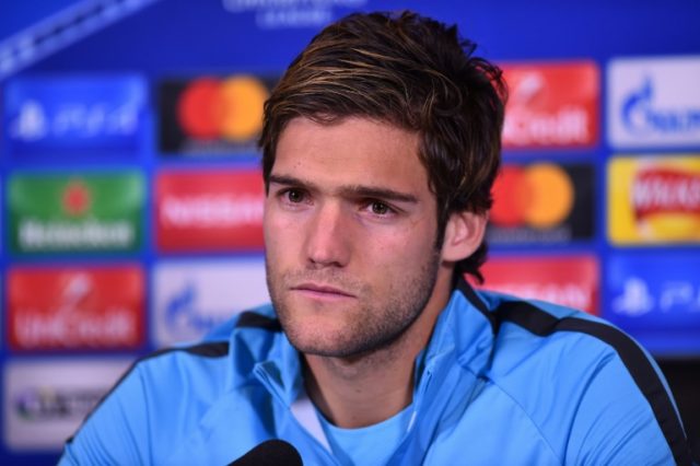 Chelsea's Spanish defender Marcos Alonso takes part in a press conference after training a