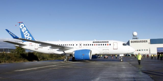 The new Bombardier aircraft CSeries, pictured on the tarmac in Mirabel, Quebec, is at cent