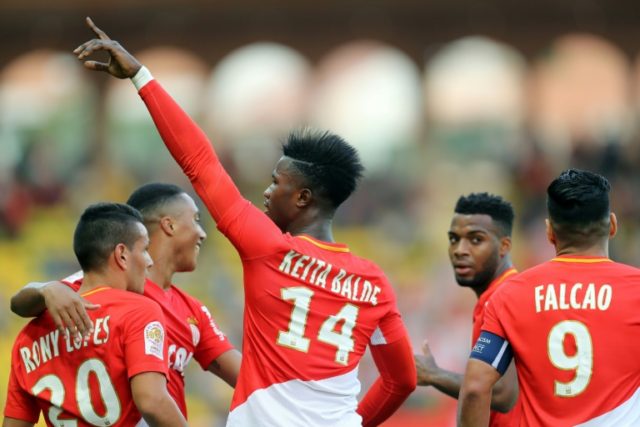 Monaco forward Keita Balde celebrates after scoring a goalagainst Caen on October 21, 2017