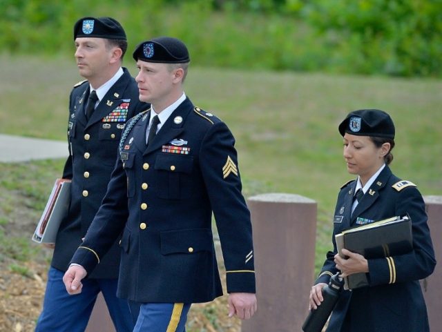 US Army Sgt Bowe Bergdahl (center), who was freed in 2014 after being held captive for five years by Afghan insurgents, arrives at the Ft. Bragg military court earlier this year. On Monday a hearing begins to decide his sentence on desertion charges