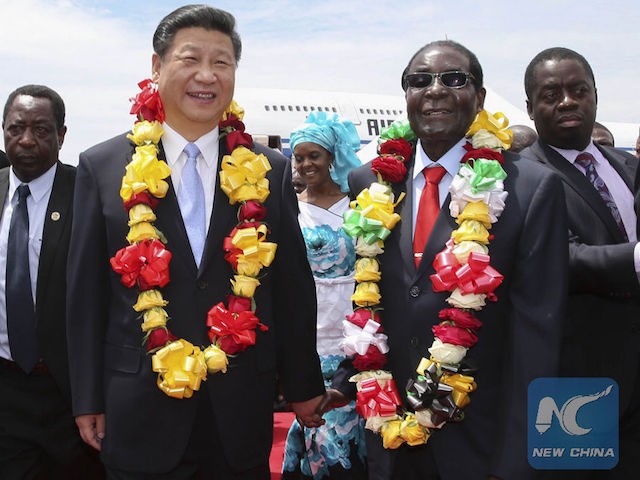 File photo shows Chinese President Xi Jinping (L, front) welcomed by Zimbabwean President