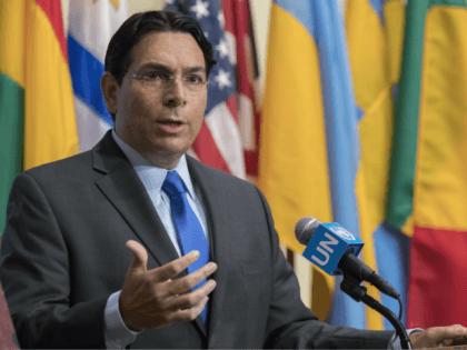 Israel's Ambassador to the United Nations Danny Danon speaks to reporters outside the Secu