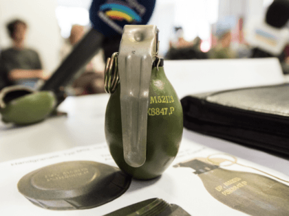 The model of a M52 hand grenade from the former Yugoslavia is pictured during a press conference of the police in Villingen-Schwenningen, southern Germany, on January 29, 2016. Unknown assailants hurled a hand grenade of this type at a shelter for asylum seekers in Villingen-Schwenningen but the device did not …
