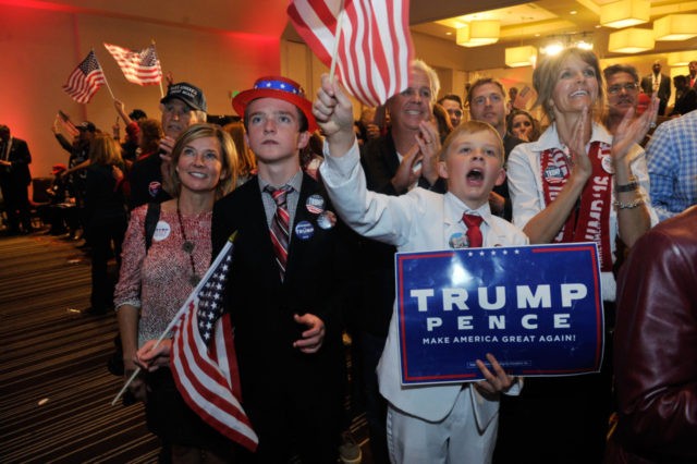 TOPSHOT - Supporters of Republican presidential nominee Donald Trump celebrate after Trump was declared as the winner of the US election while attending the Colorado GOP Election Night Party in Greenwood Village, Colorado on November 8, 2016. Donald Trump has stunned America and the world, riding a wave of populist …