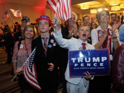 TOPSHOT - Supporters of Republican presidential nominee Donald Trump celebrate after Trump was declared as the winner of the US election while attending the Colorado GOP Election Night Party in Greenwood Village, Colorado on November 8, 2016. Donald Trump has stunned America and the world, riding a wave of populist …