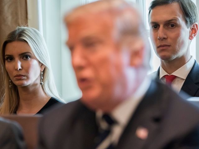 US President Donald Trump speaks alongside his daughter, Ivanka Trump (L) and her husband, Senior White House Adviser Jared Kushner (R) during a Cabinet Meeting in the Cabinet Room of the White House in Washington, DC, October 16, 2017. / AFP PHOTO / SAUL LOEB (Photo credit should read SAUL …