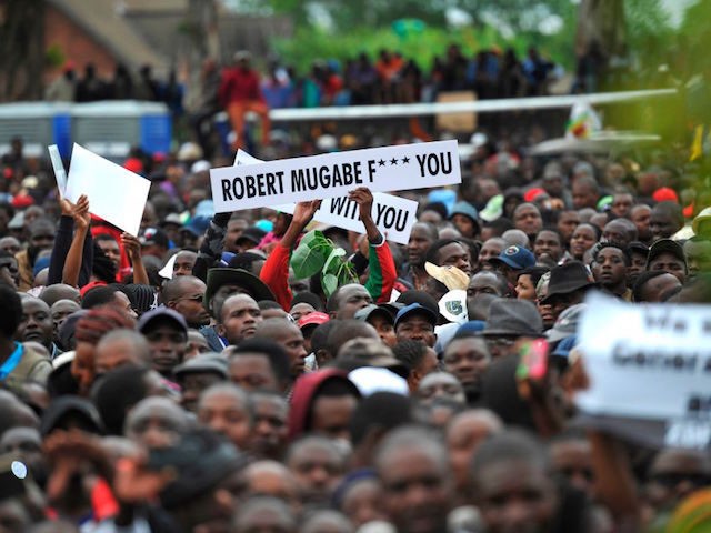 People hold anti-Mugabe placards during a demonstration demanding the resignation of Zimba