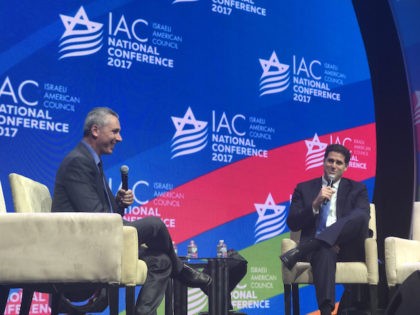 Alon Ben David from Channel 10 in Israel and Israel's Ambassador to the United States Ron Dermer speak at the Israel American Council's national congress, November 6, 2017