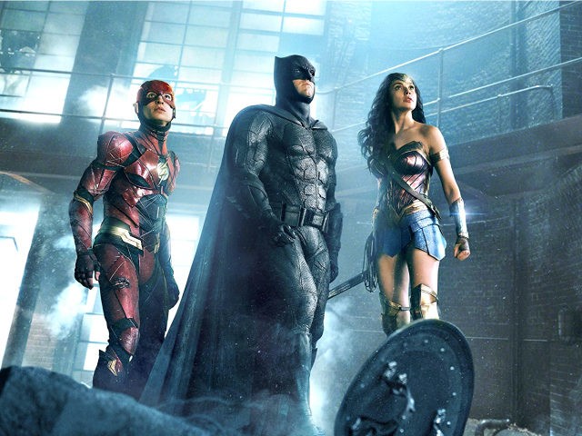 Ben Affleck, Gal Gadot, and Ezra Miller in Justice League (Warner Bros., 2017)