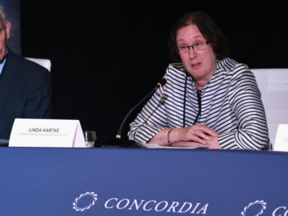 Linda Hartke, Lutheran Immigration and Refugee Service, speaks at The 2017 Concordia Annual Summit at Grand Hyatt New York on September 18, 2017 in New York City. (Photo by Bryan Bedder/Getty Images for Concordia Summit)