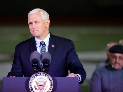 Vice President Mike Pence speaks during a prayer vigil for the victims of the Sutherland Springs First Baptist Church shooting Wednesday, Nov. 8, 2017, in Floresville, Texas. A man opened fire inside the church in the small South Texas community on Sunday, killing more than two dozen and injuring others. …