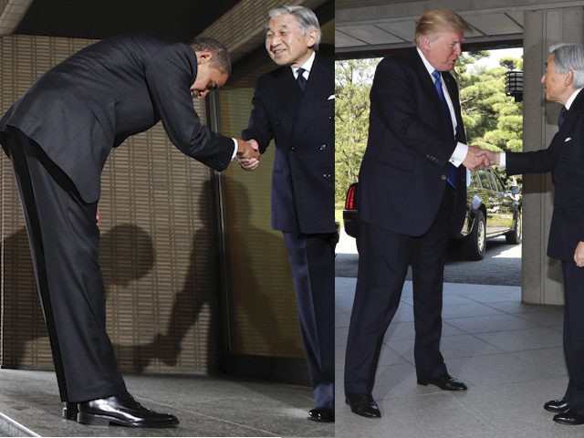 U.S. President Donald Trump, left, is greeted by Emperor Akihito, center, and Empress Mich