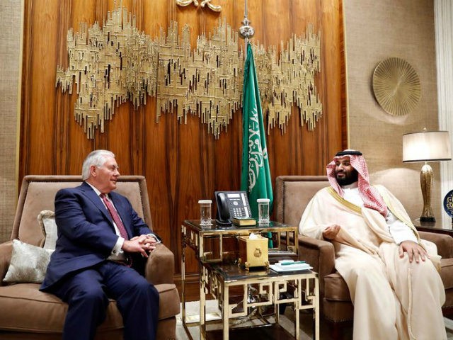 Secretary of State Rex Tillerson and Saudi Crown Prince Mohammed bin Salman are seated for