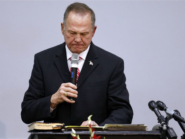 Republican candidate for U.S. Senate Judge Roy Moore speaks during a campaign event at the Walker Springs Road Baptist Church on November 14, 2017 in Jackson, Alabama. The embattled candidate has been accused of sexual misconduct with underage girls when he was in his 30's. (Photo by Jonathan Bachman/Getty Images)