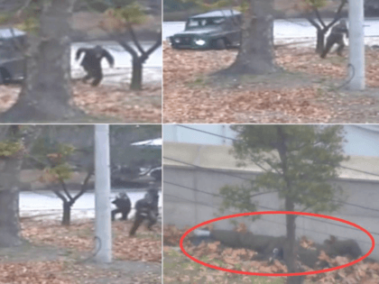 This combination of images made from Nov. 13, 2017, surveillance video released by the United Nations Command shows a North Korean soldier running from a jeep and then shot by North Korean soldiers in Panmunjom, North Korea, before collapsing across the border in South Korea. A North Korean soldier made …