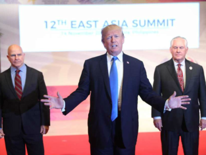 Flanked by U.S. National Security Advisor H.R. McMaster, left, and U.S. Secretary of State Rex Tillerson, right, U.S. President Donald Trump offers a departing statement after participating in an East Asia Summit, Tuesday, Nov. 14, 2017, in Manila, Philippines. Trump is on a five country trip through Asia traveling to …