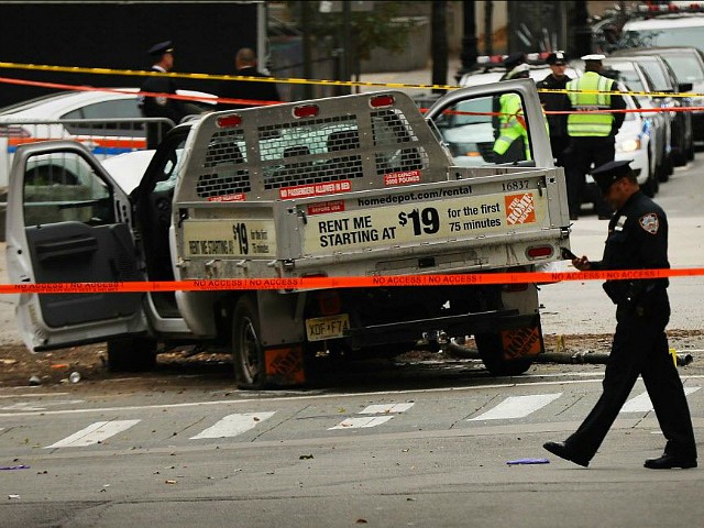 NEW YORK, NY - NOVEMBER 01: The crashed vehicle used in what is being described as a terrorist attack sits in lower Manhattan the morning after the event on November 1, 2017 in New York City. Eight people were killed and 12 were injured on Tuesday afternoon when suspect 29-year-old Sayfullo Saipov, a legal resident from Uzbekistan, intentionally drove a truck onto a bike path in lower Manhattan. (Photo by Spencer Platt/Getty Images)