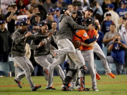 The Houston Astros celebrate defeating the Los Angeles Dodgers 5-1 in game seven to win th