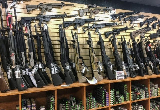 A weapons display in a gun shop in Las Vegas