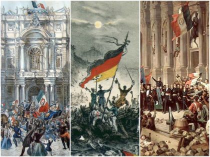 Main Photo Credits (left to right): Giuseppe Garibaldi entering Naples in 1860 by Franz Wenzel Schwarz (Public Domain / Wikimedia Commons), Revolutionaries in Berlin waving revolutionary flags in March 1848, by Unknown (Public Domain / Wikimedia Commons), Lamartine in front of the Town Hall of Paris rejecting the red flag …