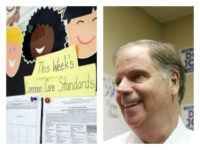 Collage of Common Core billboard and Doug Jones smiling
