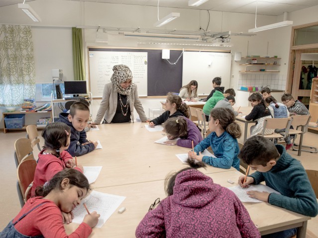 HALMSTAD, SWEDEN - FEBRUARY 08: Refugee children are seen in a school on February 8, 2016