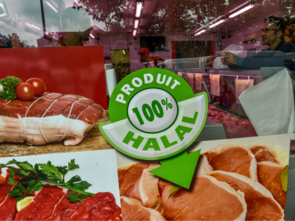 A photo taken on August 2, 2016 shows the entrance of a halal butchery in Lille, northern France. The question of the financing of the Muslim Faith, now considered to be insufficiently transparent, continues to shake the political class, after a new opinion pirce by French Prime Minister Manuel Valls …
